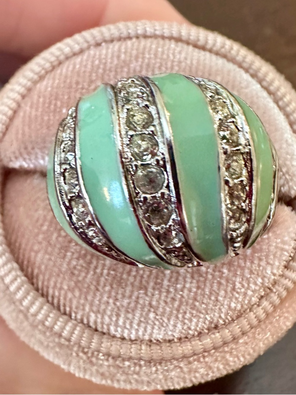 Mint Green Enamel Dome Ring with Crystal Stripes